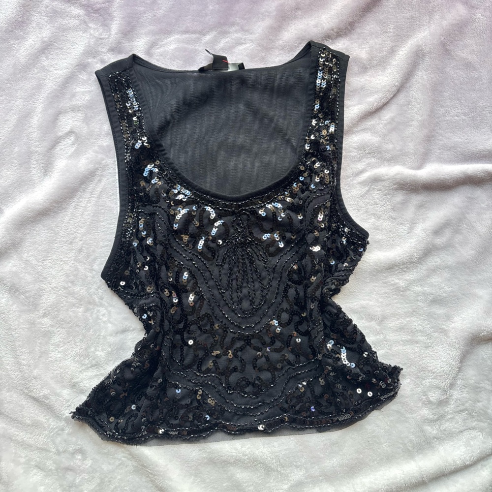 Black Sequin and beaded micro mesh sheer Embellished Top